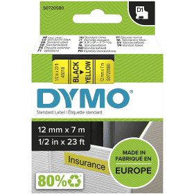 Compatible Dymo 45018 Black On Yellow D1 Adhesive Labelling Tape 12mm x 7m
