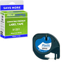 Compatible Dymo 91201 Black On White LetraTag Adhesive Label Plastic Tape 12mm x 4m