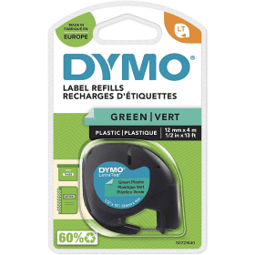 Original Dymo 91204 Black On Dark Green LetraTag Adhesive Label Plastic Tape 12mm x 4m